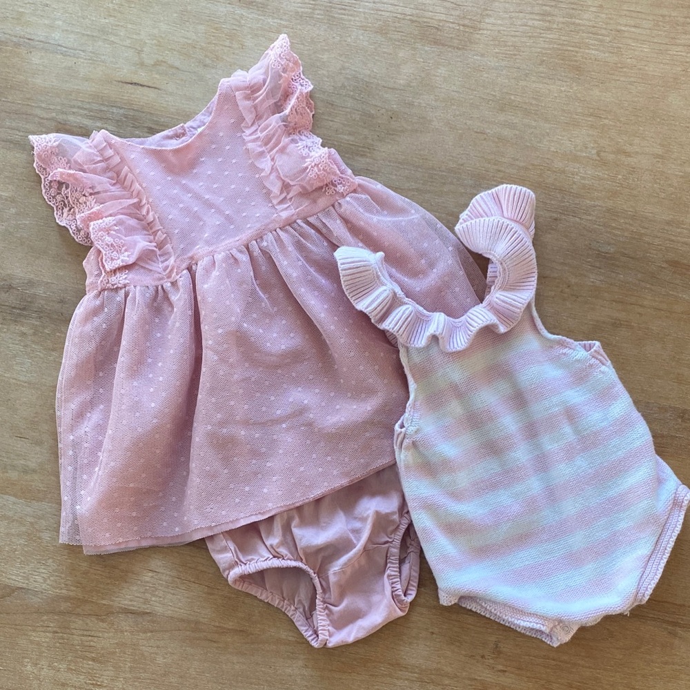 Set of TWO Baby Gap pink and white ruffled romper and summer dress sz 3-6 mos